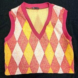 Zara Argyle Sweater Vest Top Sleeveless Knit Pink Yellow EU L USA‎ L